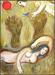 Marc Chagall: Boaz wakes up and sees Ruth at his feet, Original Lithograph 1960, Verve The Bible - Love scene