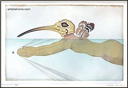 Michel Lablais: Etching Swimming Birdman 'Homme-Ibis, signed, peculiar swimmer - Graphic work, Original Prints