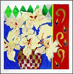 Liz Jardine: 'Firecracker' White Blossoms (Lilies), Original Serigraph signed | Graphic work, Prints - Flowers