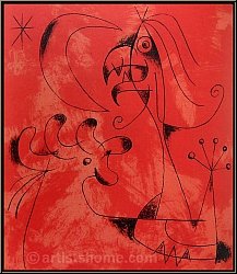 Joan Miro: The Wizard 1956, Original lithograph on red background, Moon and Star - Graphic work | Rare Prints