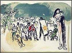 Marc Chagall: Original Lithograph 'Homage to Julien Cain' Lovers and Painter, 1968 - Prints | Graphic work